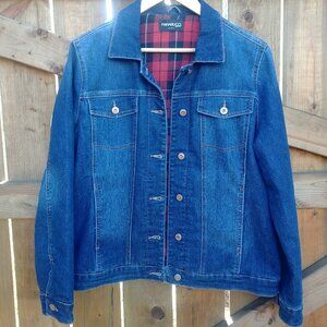 Parasuco blue denim jean jacket with red black plaid flannel lining Large